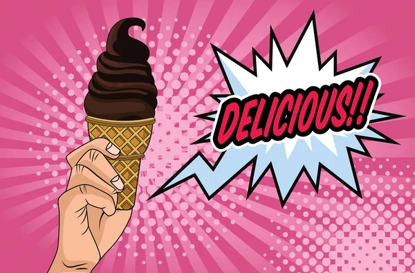 Main humaine avec crème glacée et parole bulle style pop art — Image vectorielle