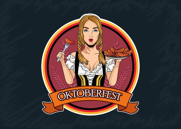 Glad oktoberfest firande kort med vacker kvinna äter korv — Stock vektor