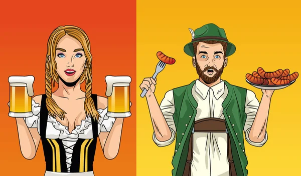 Oktoberfest viering kaart met duits paar tillen bieren en worsten — Stockvector