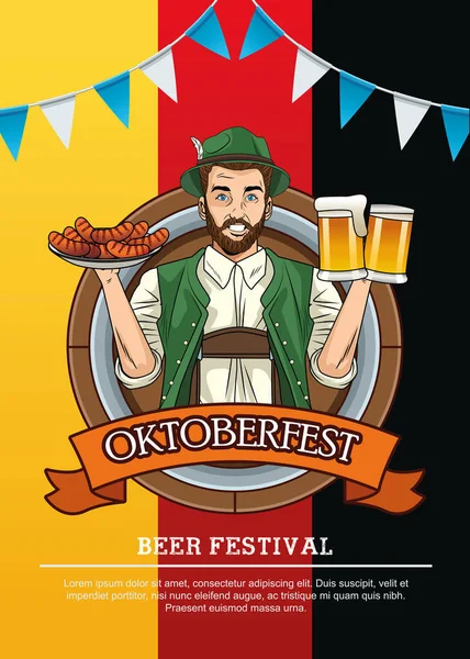 Karta uroczystości oktoberfest z niemieckim podnoszeniem piwa i kiełbasek — Wektor stockowy