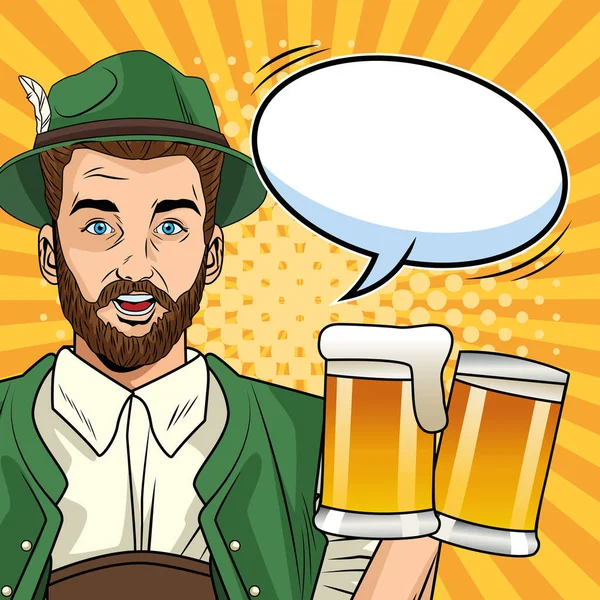 Tarjeta de celebración oktoberfest feliz con el hombre alemán bebiendo cervezas — Vector de stock