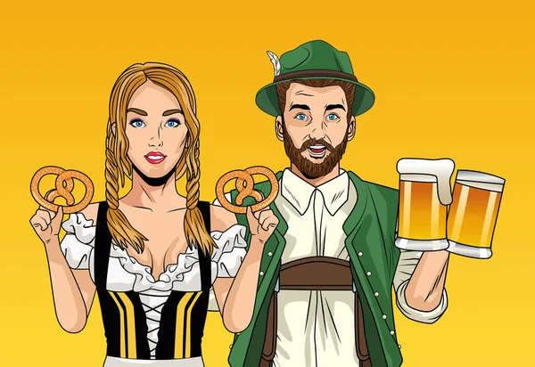 Oktoberfest viering kaart met duits paar tillen bieren en pretzels — Stockvector