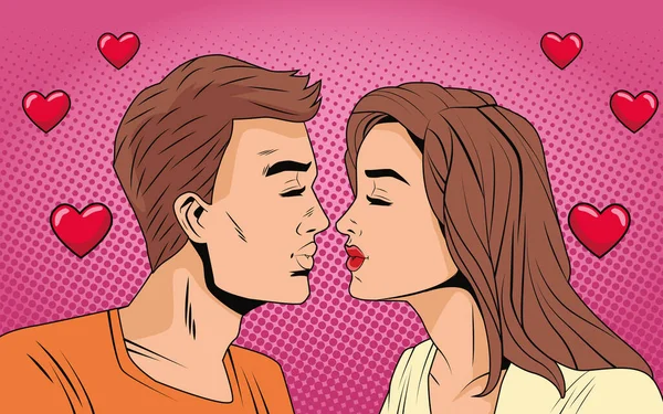 Pareja joven besándose con corazones personajes pop art style — Archivo Imágenes Vectoriales