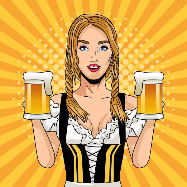 Χαρούμενη κάρτα εορτασμού Oktoberfest με όμορφη γυναίκα πίνοντας μπύρες — Διανυσματικό Αρχείο