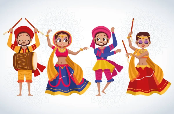 Счастливая открытка навратри с персонажами группы танцоров — стоковый вектор
