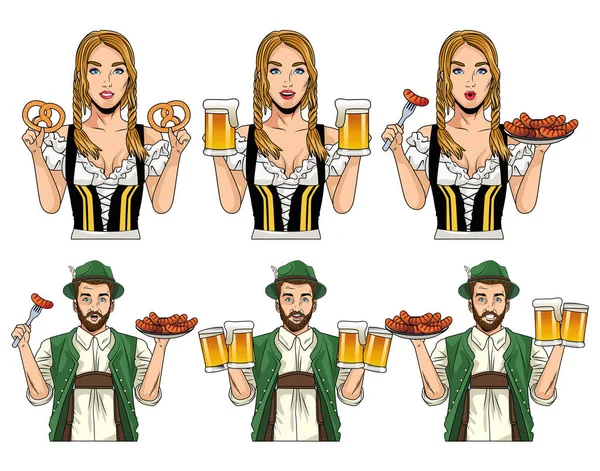 Oktoberfest viering kaart met Duitse mensen met voedsel en bier — Stockvector