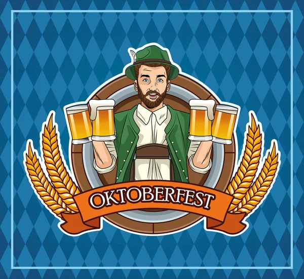 Feliz oktoberfest cartão de celebração com homem alemão bebendo cervejas e bandeira — Vetor de Stock