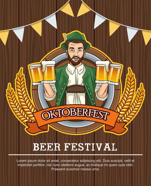 Happy oktoberfest viering kaart met duits drinken bieren in houten achtergrond — Stockvector