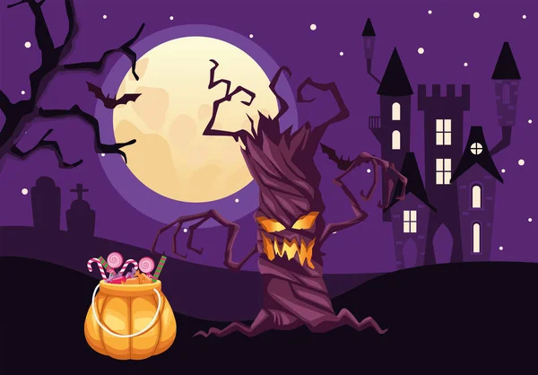 Halloween boom cartoon en pompoen met snoepjes vector ontwerp — Stockvector