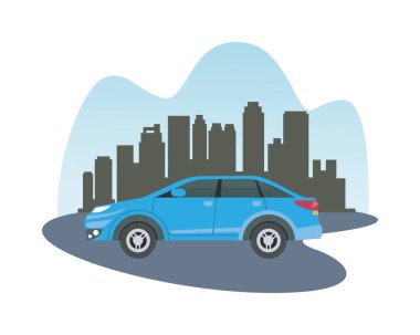 Şehir binalarının önündeki mavi sedan araba vektör tasarımı