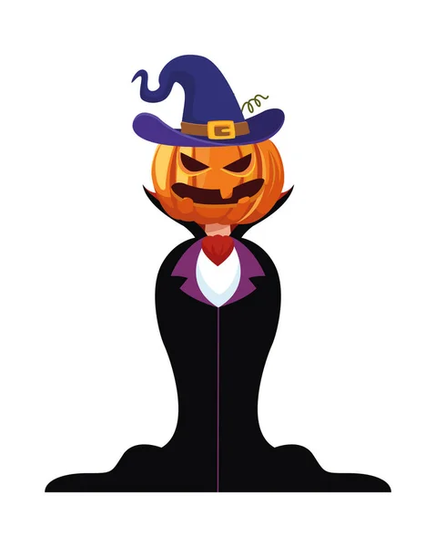 Vampiro de Halloween con cara de calabaza de dibujos animados y sombrero de diseño de vectores — Vector de stock