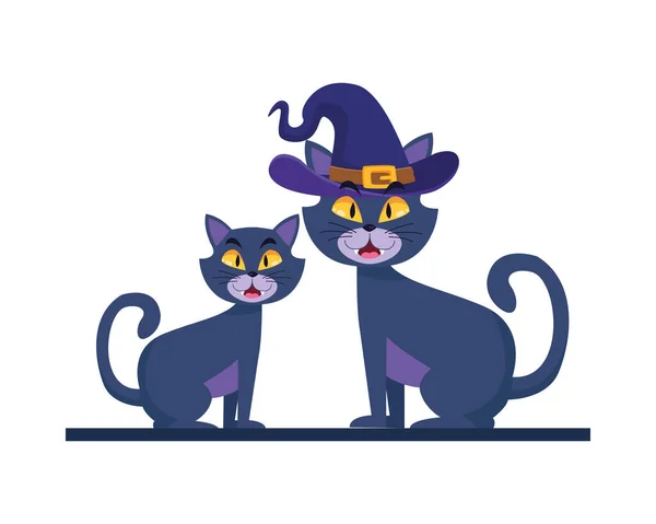 Halloween gatos dibujos animados con sombrero vector diseño — Archivo Imágenes Vectoriales