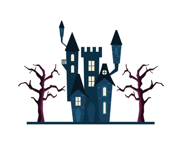 Хеллоуїн чорний будинок з деревами Векторний дизайн — стоковий вектор