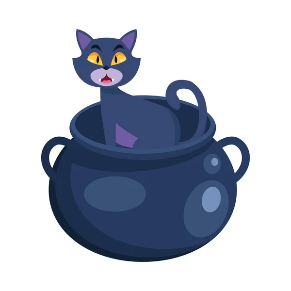 Halloween gatto cartone animato sul disegno vettoriale ciotola strega — Vettoriale Stock