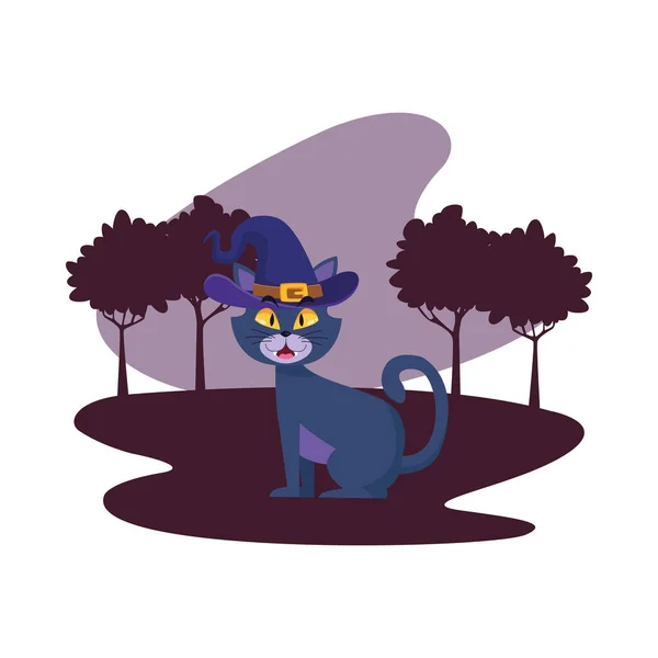 Halloween chat dessin animé avec chapeau au parc vectoriel design — Image vectorielle
