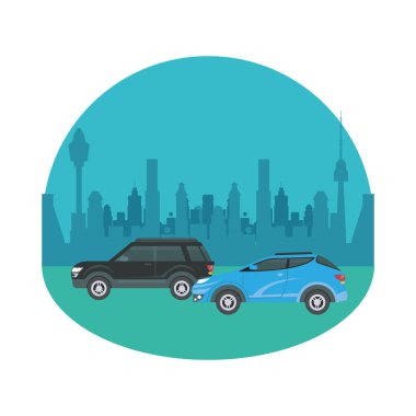 şehir binalarının önünde mavi ve siyah arabalar vektör tasarımı