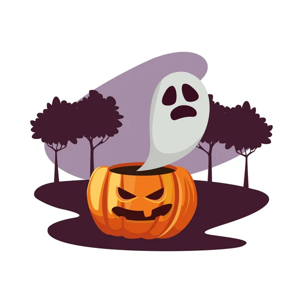 Halloween bianco fantasma cartone animato sopra zucca a parco vettoriale design — Vettoriale Stock
