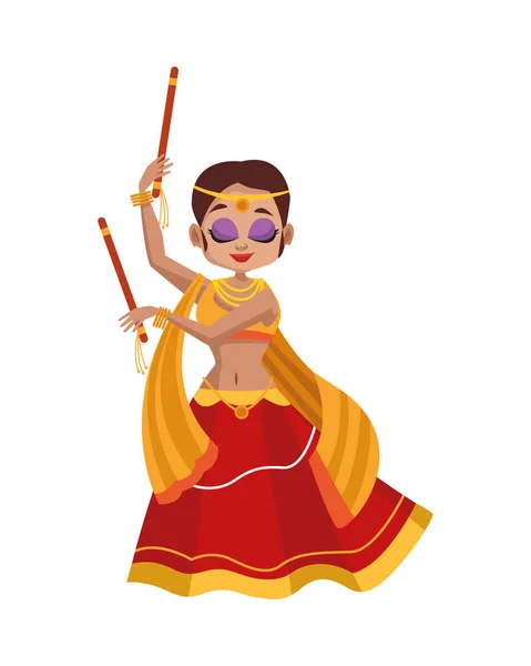 Fumetto donna diwali con tradizionale disegno vettoriale di danza del panno — Vettoriale Stock