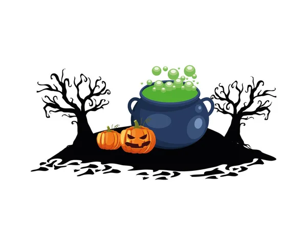 Dibujos animados de calabazas de Halloween con diseño de vector de tazón de bruja — Vector de stock