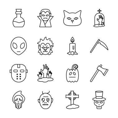 Cadılar Bayramı çizgi biçimi ikon vektör tasarımı koleksiyonu