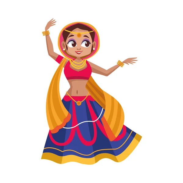 Diwali Frau Cartoon mit traditionellem Tuch tanzenden Vektor-Design — Stockvektor