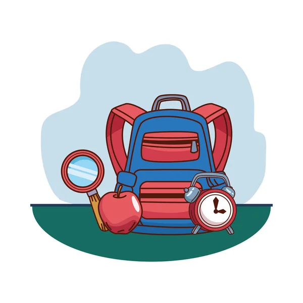 Saat elmalı ve lupe vektör tasarımlı okul çantası — Stok Vektör