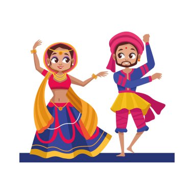 diwali kadın ve erkek çizgi filmleri geleneksel kumaş dans vektör tasarımı