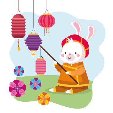 Fener ve çiçek vektör tasarımlı geleneksel kumaşlı tavşan çizgi filmi
