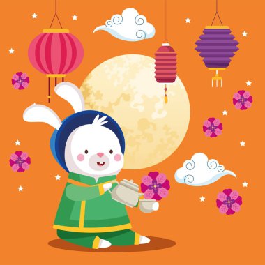 Çay demliği ve bardak vektör tasarımlı geleneksel kumaşlı tavşan çizgi filmi