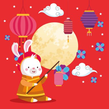 Fener ve ay vektör tasarımlı geleneksel kumaş içinde tavşan çizgi filmi