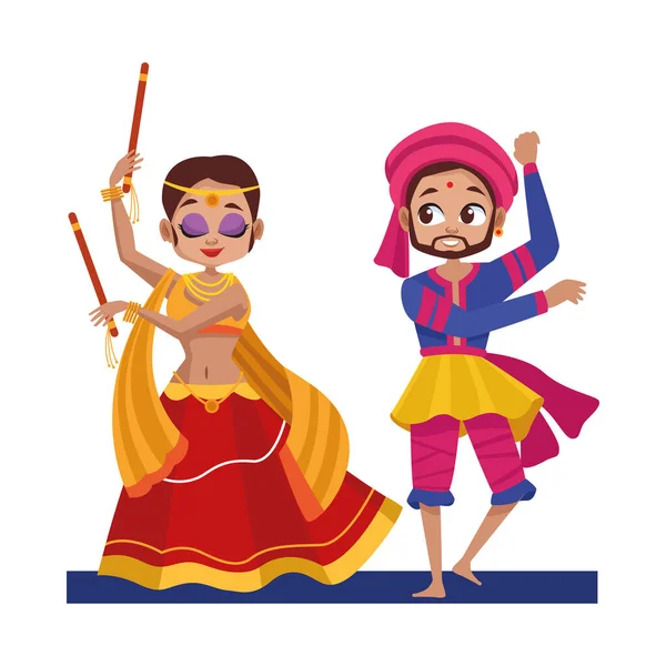 Diwali mujer y hombre dibujos animados con diseño de vectores de baile de tela tradicional — Vector de stock
