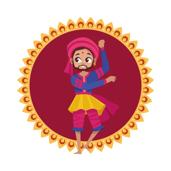 Diwali hombre de dibujos animados con baile de tela tradicional en el diseño de vectores mandala — Vector de stock