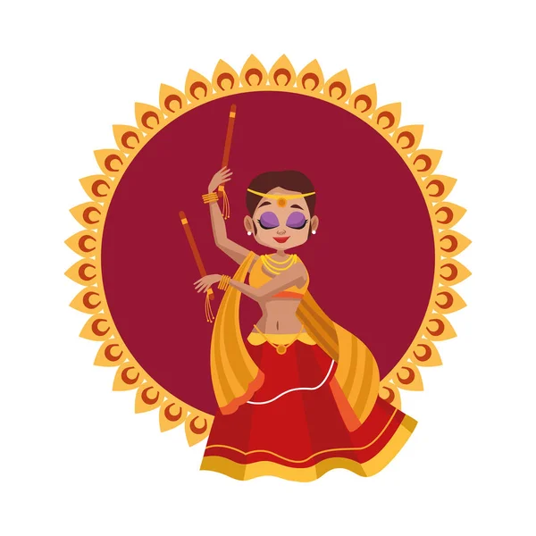 Desenho animado mulher diwali com pano tradicional dançando em design vetorial mandala — Vetor de Stock