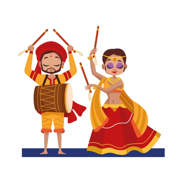 Diwali donna e uomo cartoni animati con tradizionale disegno vettoriale di danza del panno — Vettoriale Stock