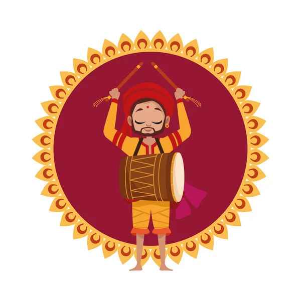 Diwali hombre de dibujos animados con tambor en el diseño de vectores mandala — Archivo Imágenes Vectoriales