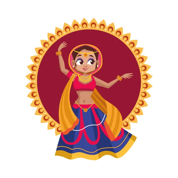 迪瓦利妇女卡通片，传统的布艺在曼陀罗矢量设计上舞动 — 图库矢量图片
