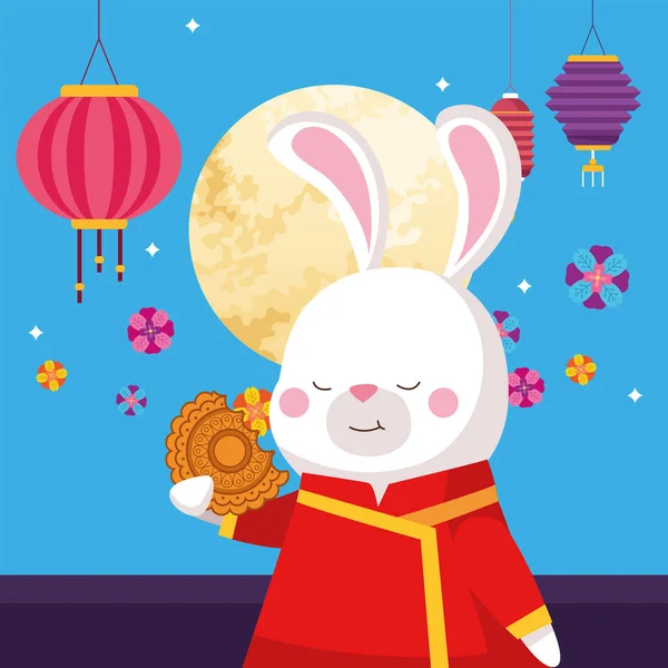 Dibujos animados de conejo en tela tradicional luna pastel de luna y linternas diseño de vectores — Vector de stock