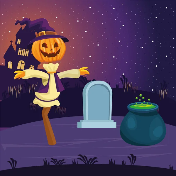 Desenhos animados de espantalho de Halloween com design de vetor de tigela de sepultura e bruxa —  Vetores de Stock