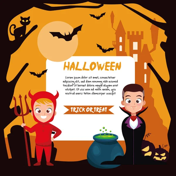 Meninos em halloween vampiro e diabo traje com bandeira vetor design — Vetor de Stock