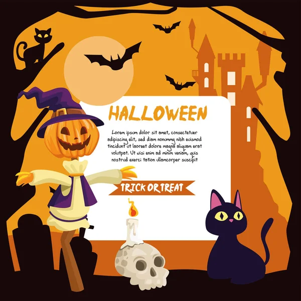 Espantalho de Halloween e desenhos animados de gato com design de vetor de banner — Vetor de Stock