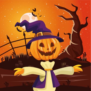 Cadılar Bayramı korkuluğu karikatürü gece vektör tasarımında