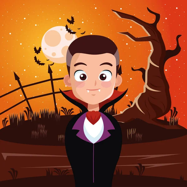 Jongen met halloween vampier kostuum in de voorkant boom 's nachts vector ontwerp — Stockvector