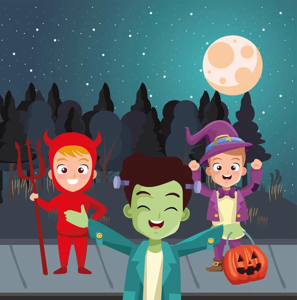 Boys with halloween costumes in front of trees at night vector design — Stock Vector