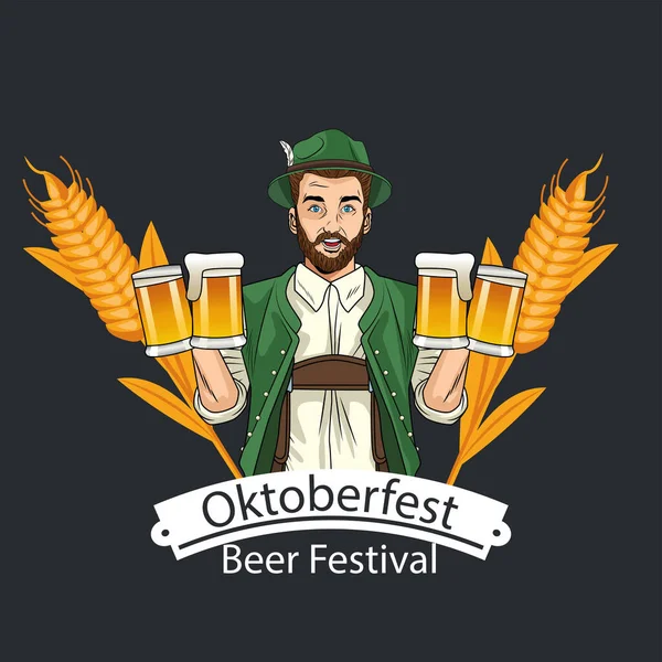 Desenho animado homem oktoberfest com copos de cerveja pano tradicional e design de vetor orelhas de trigo — Vetor de Stock