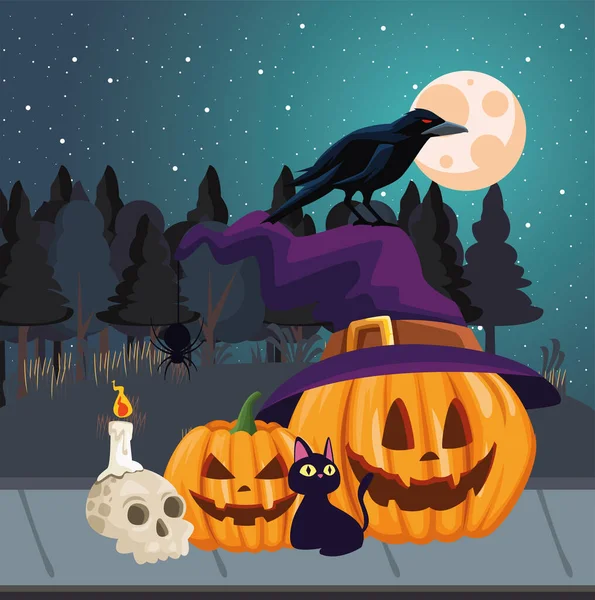 Halloween pumpkins cat and raven cartoons at night vector design — Stock Vector