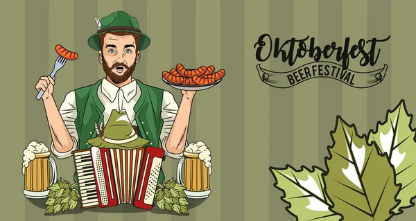 Oktoberfest man cartoon met traditionele doek accordeon worsten en bier glazen vector ontwerp — Stockvector