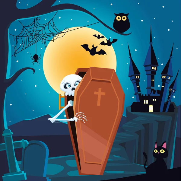 Desenhos animados do crânio de Halloween no caixão no projeto do vetor da noite — Vetor de Stock