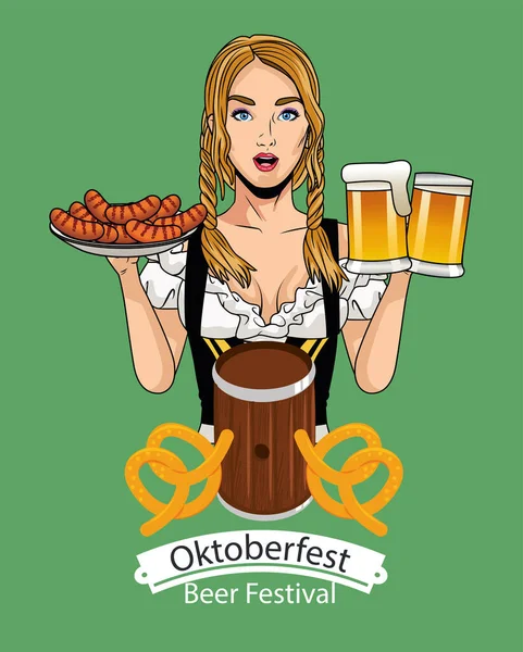 Oktoberfest женский мультфильм с традиционными бокалами для пива и векторным дизайном колбас — стоковый вектор