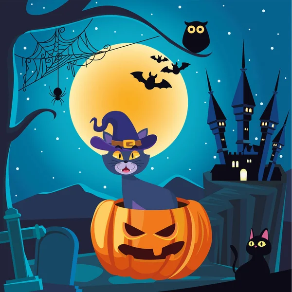 Desenhos animados do gato de Halloween na abóbora na frente do projeto do vetor da casa — Vetor de Stock