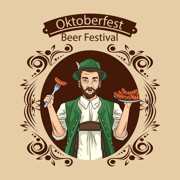 Oktoberfest uomo cartone animato con stoffa tradizionale e salsicce vettoriale design — Vettoriale Stock